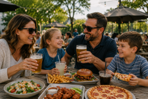 Family enjoying food and drinks at a family-friendly brewery near Wildwood, New Jersey
