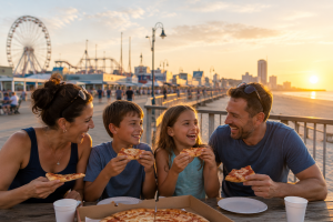 Family enjoying pizza on the Wildwood boardwalk during a Jersey Shore vacation.