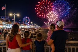 Family watching Fourth of July fireworks over the Wildwood Boardwalk and beach during America's 250th anniversary celebration in 2026.