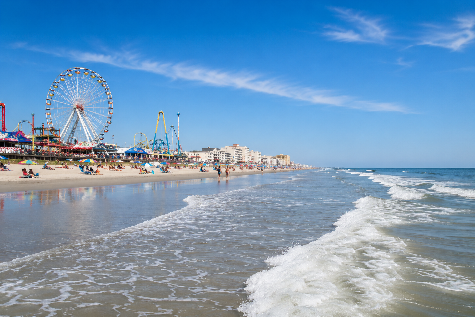Wide sandy beach along the Jersey Shore with gentle ocean waves, blue skies and a bustling boardwalk featuring amusement rides in the distance on a sunny summer day.